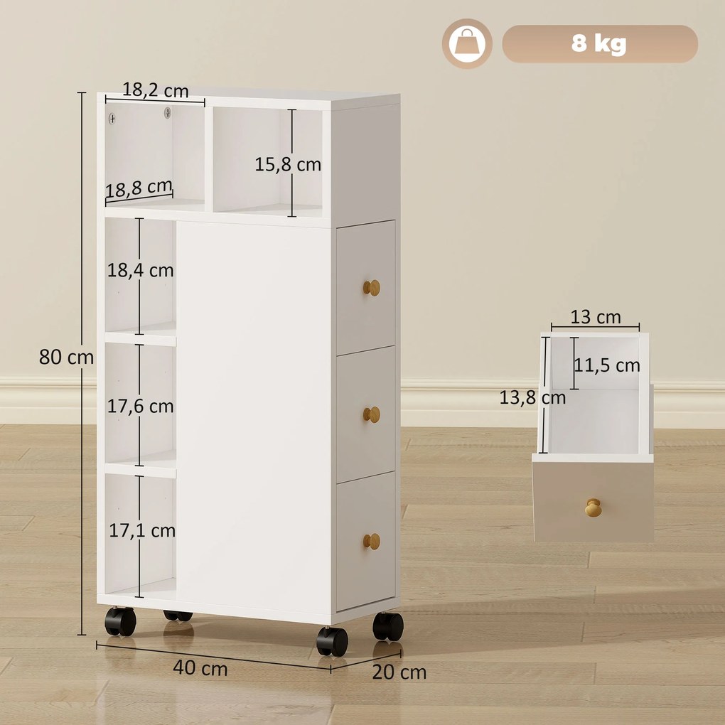 HOMCOM Szafka łazienkowa wąska, szafka z 4 kółkami, 3 szuflady, 5 otwartych przegródek, 20x40x80cm, Biały