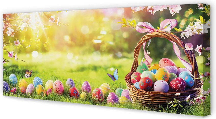 Duży obraz na płótnie Koszyk z Jajkami na Kwiecistej Łące