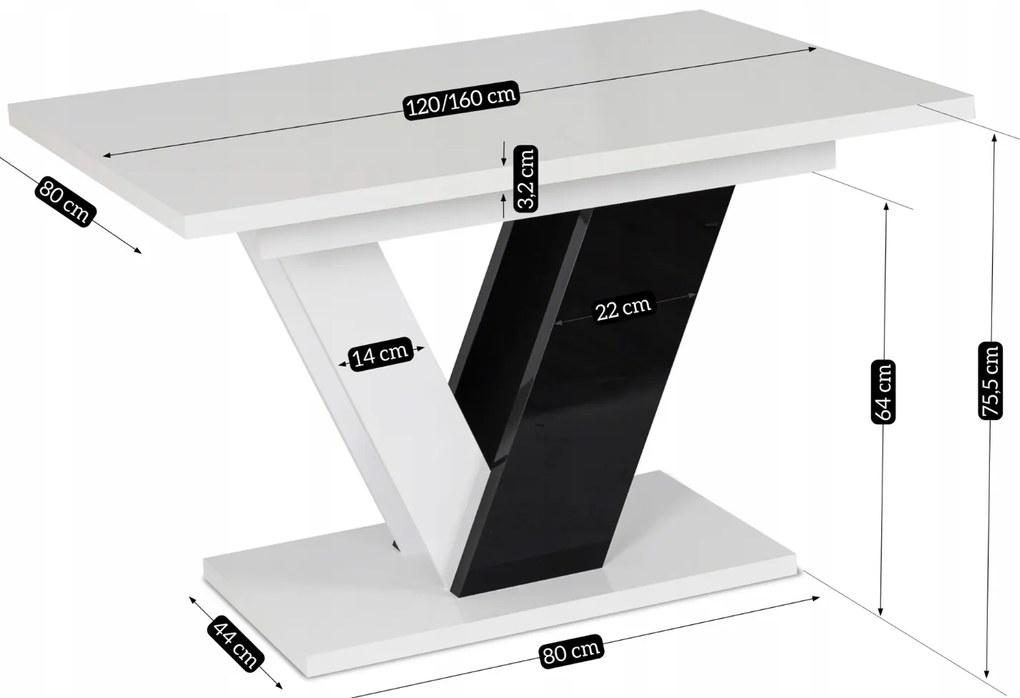 Stół Prostokątny Rozkładany CLARK 120-160 cm Czarny/Biały Połysk Glamour