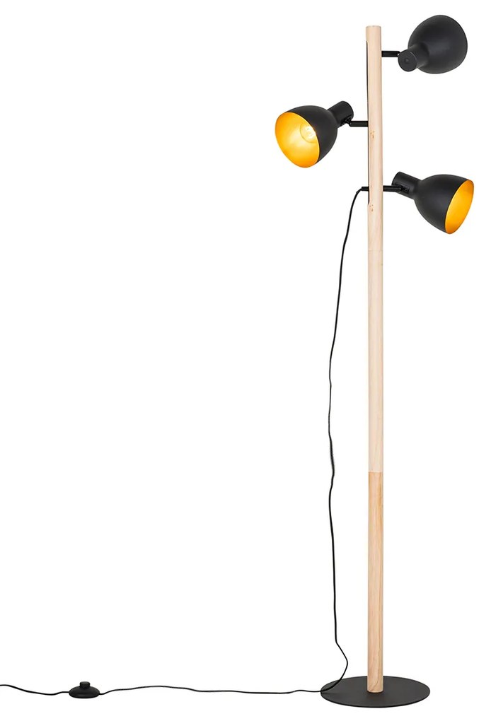 Lampa podłogowa rustykalna czarna z drewnem 3-światłowa - Flint Rustykalny / Vintage Oswietlenie wewnetrzne