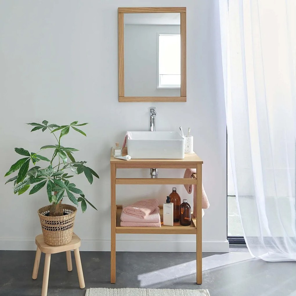 Szafka 60cm dąb kwadratowa umywalka bateria i lustro HOPP