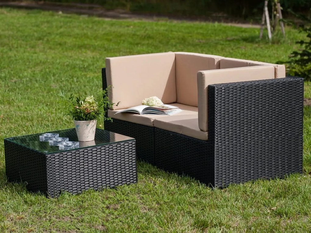 Sofa dwuosobowa ze stolikiem z technorattanu TINTO czarny