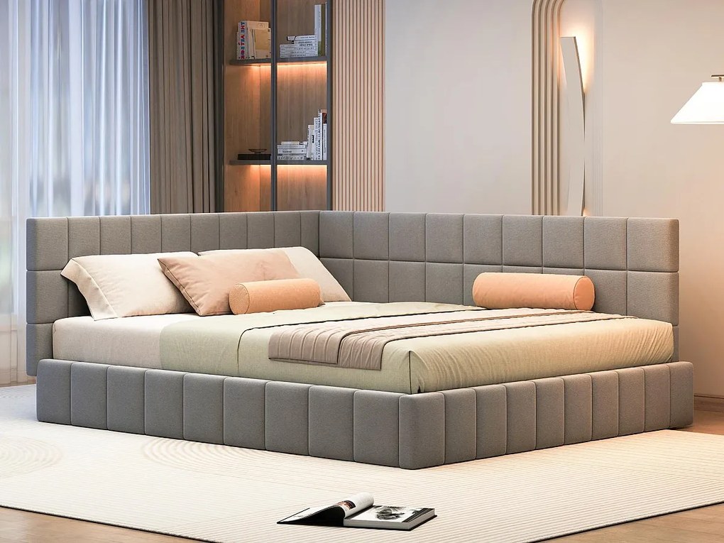 Łóżko dwuosobowe 160x200cm z weluru z barierką i stelażem na listwy - Szare