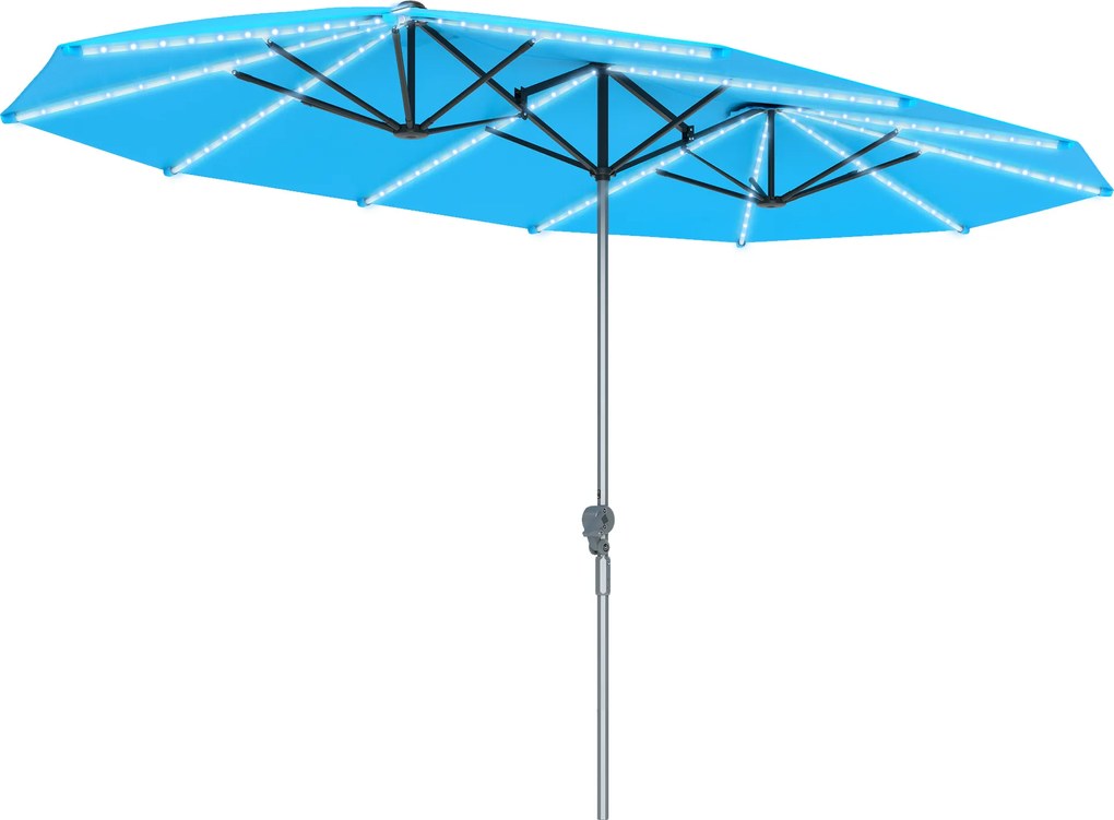 Outsunny Podwójny Parasol z Oświetleniem Solar, Aluminiowy, Poliester, Ochrona UPF50+, Odporne na UV, Parasol tarasowy, Niebieski