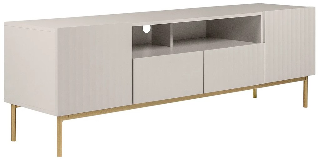 Szafka RTV z 2 drzwiczkami, 2 szufladami i 2 wnękami z MDF i stali - Beżowy i złoty - EVILANA