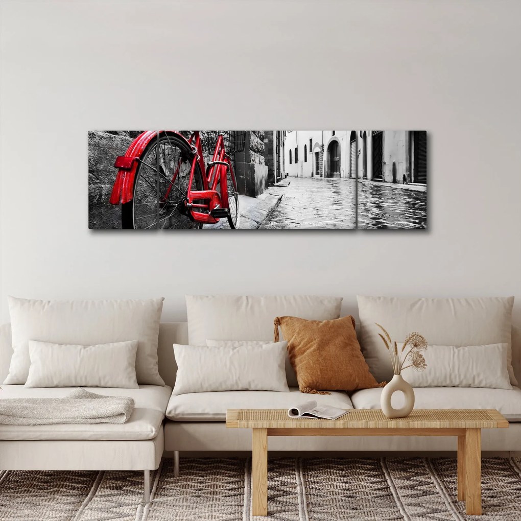Obraz czerwonego roweru na brukowanej uliczce (170x50 cm)