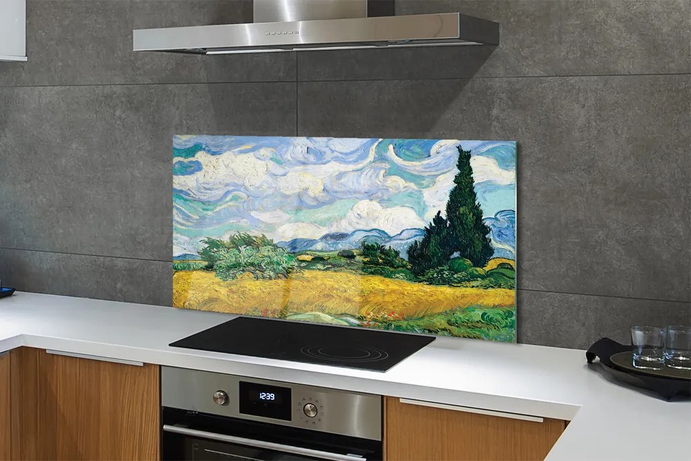 Szklany Panel Pole Pszenicy z Cyprysami - Van Gogh