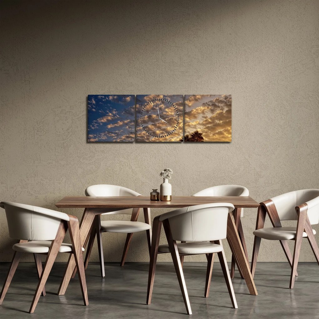Obraz - palmy pośród chmur (z zegarem) (90x30 cm)