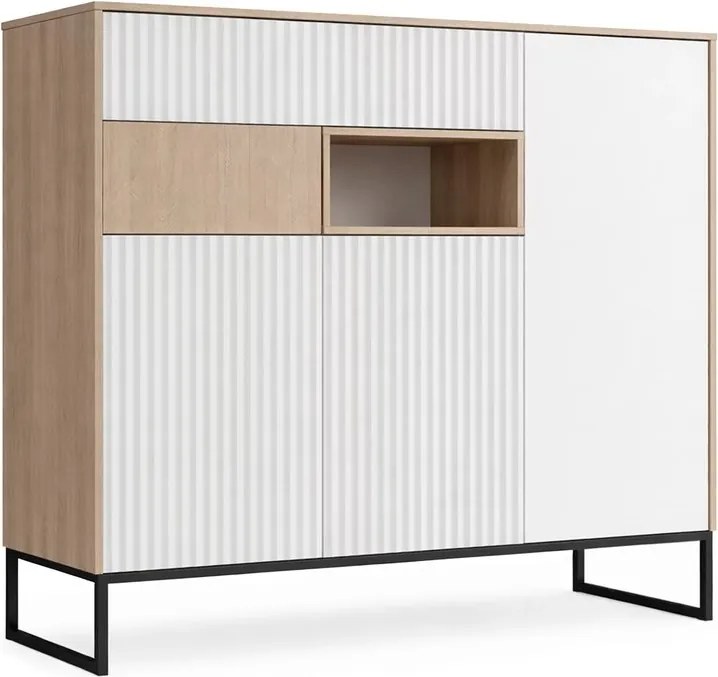 Komoda Bliwon 149 cm z szufladami - jodełka scandi / biały mat