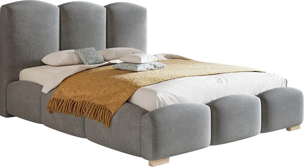 Łóżko dwuosobowe 140x200 Roma z pojemnikiem - łóżko tapicerowane, stelaż metalowy, welur - jasny szary (Jasmine 90)