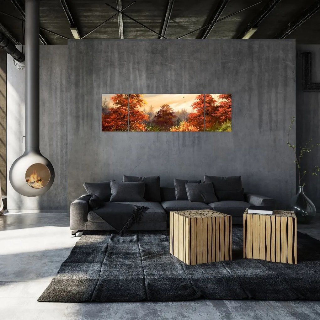 Obraz rzeki w jesiennym krajobrazie, obraz olejny (170x50 cm)