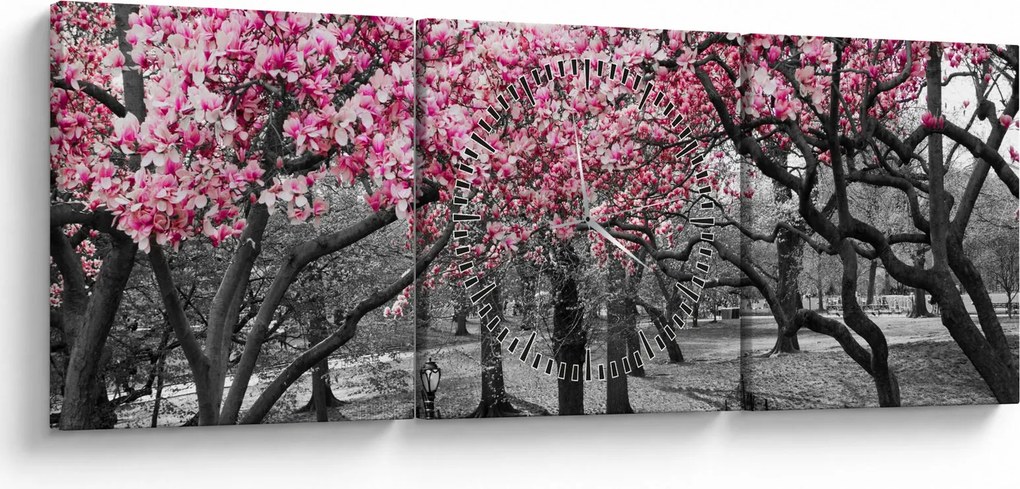 Obraz drzew magnolii (z zegarem) (90x30 cm)