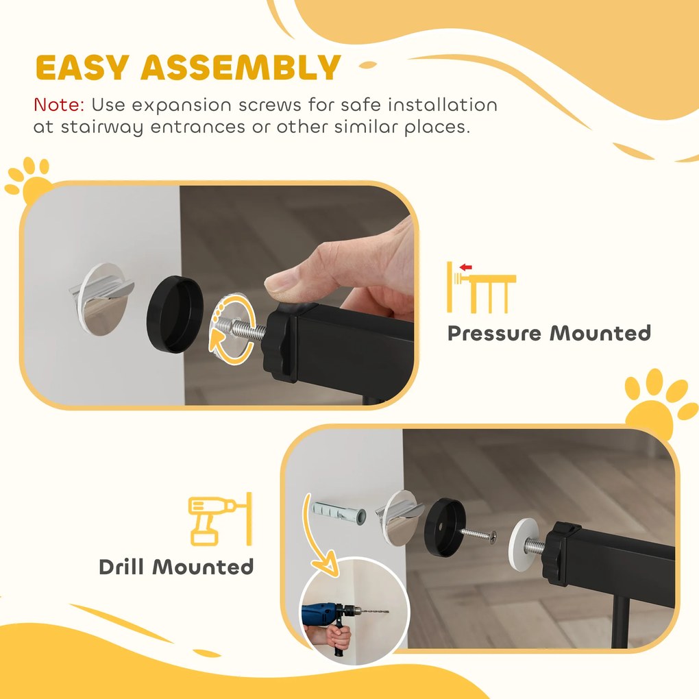 PawHut Bramka dla zwierząt regulowana 76-104 cm z drzwiczkami dla kota do schodów i drzwi czarna | Aosom PL