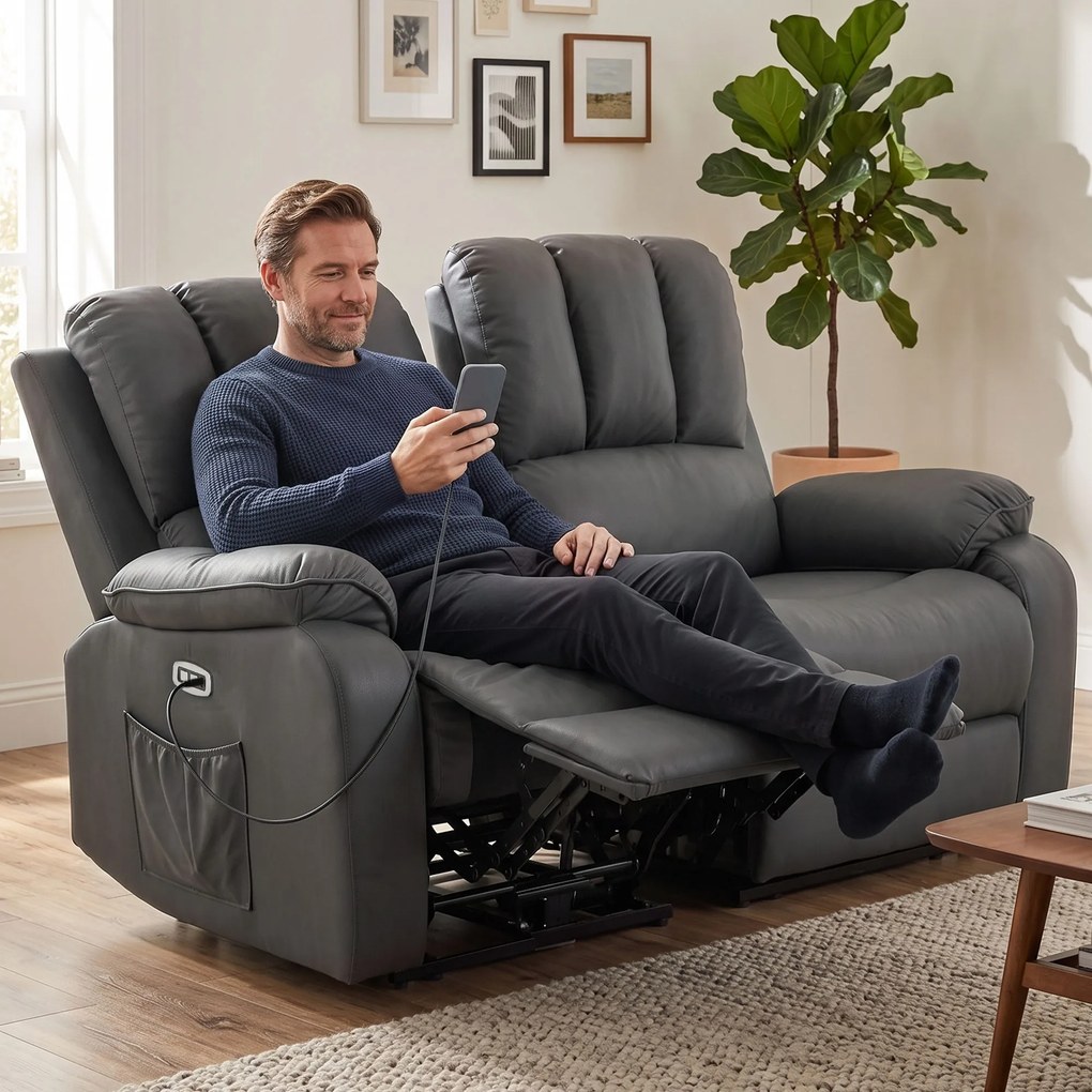HOMCOM Dwuosobowa elektryczna sofa relaksacyjna z Leathaire, funkcją masażu i ogrzewania, 2 piloty, złącza USB/USB‑C | Aosom PL