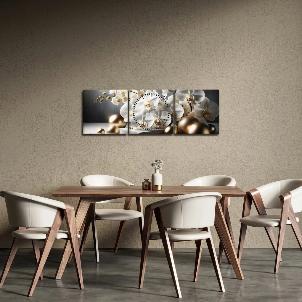 Obraz - Orchidea i złote kule (z zegarem) (90x30 cm)