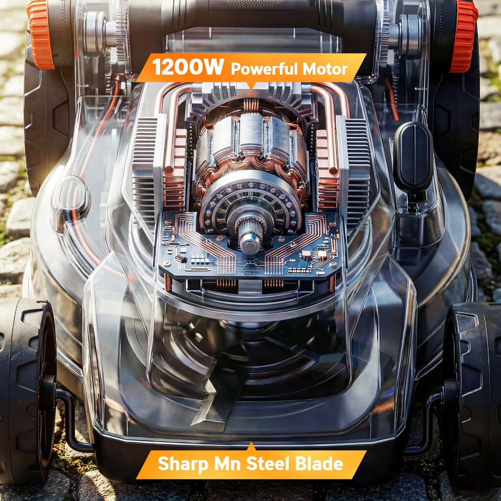 Outsunny Elektryczna kosiarka 1200 W z szerokością cięcia 34 cm, koszem na trawę o pojemności 35 litrów, funkcją mulczowania, 6 wysokościami cięcia, regulowanym uchwytem | Aosom PL