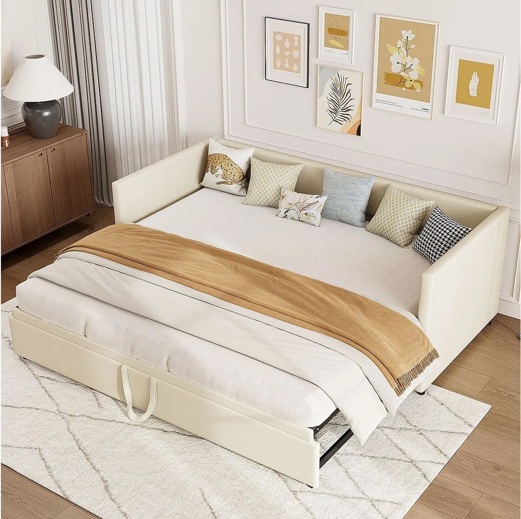 Rozkładana sofa 90-180x200 cm z beżowego aksamitu, nowoczesny design, bez schowka, solidna i wygodna