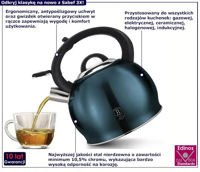 Klasyczny czajnik z gwizdkiem 3 L morski W0-S32
