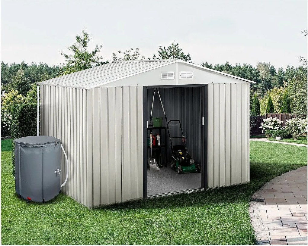 Szopa ogrodowa metalowa "Nebraska" 5,29m² z rynną i zbiornikiem na wodę deszczową