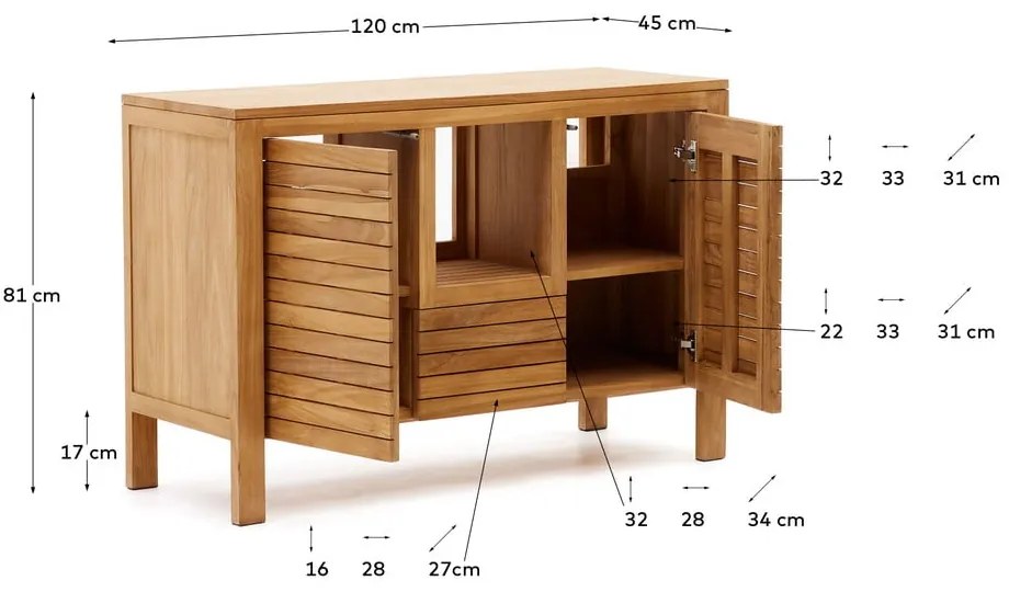Niska szafka pod umywalkę z litego drewna tekowego 120x80 cm Neria – Kave Home