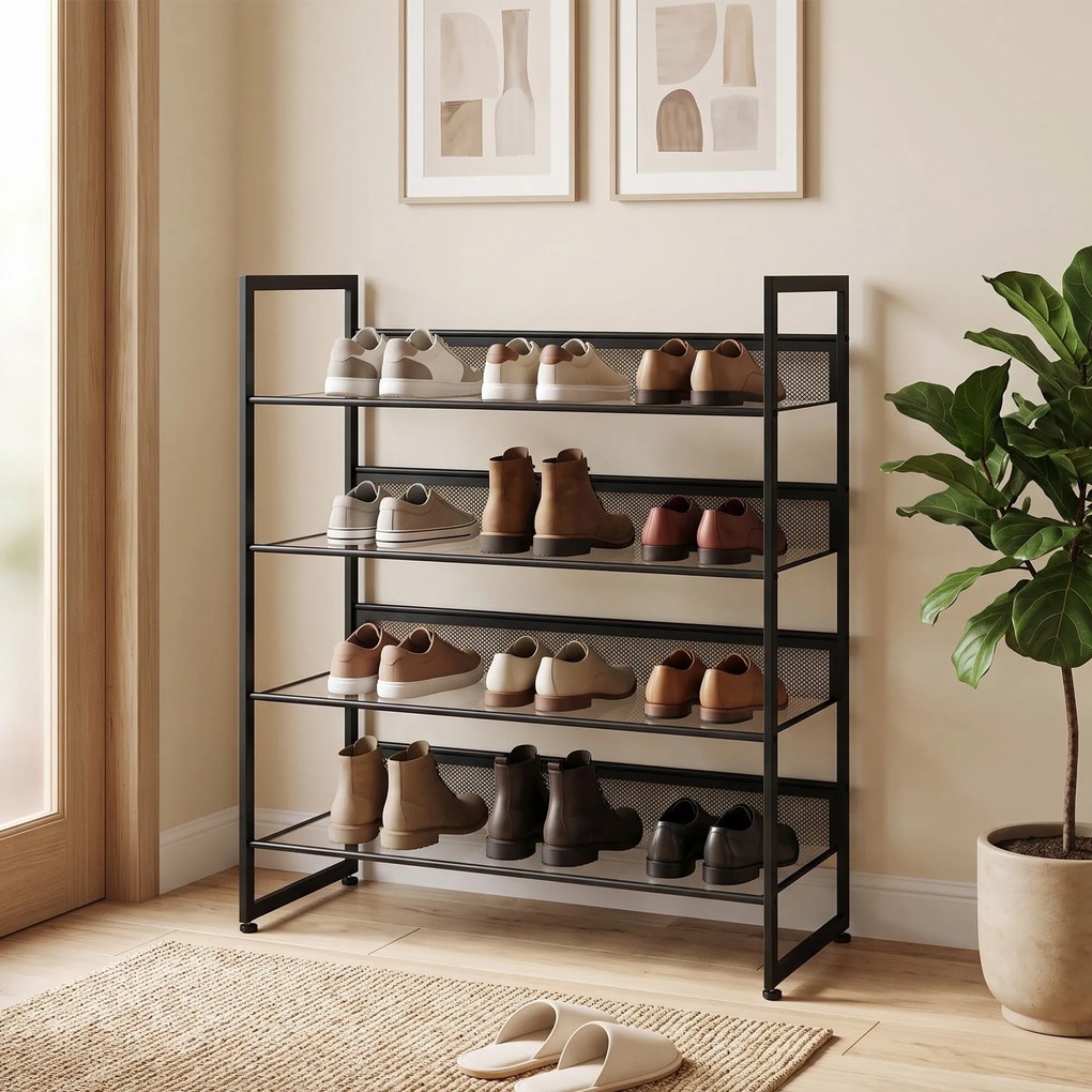 HOMCOM Regał na buty Półka Stojak na buty, 4 półki, 72 cm x 30 cm x 82,7 cm, Czarny | Aosom PL