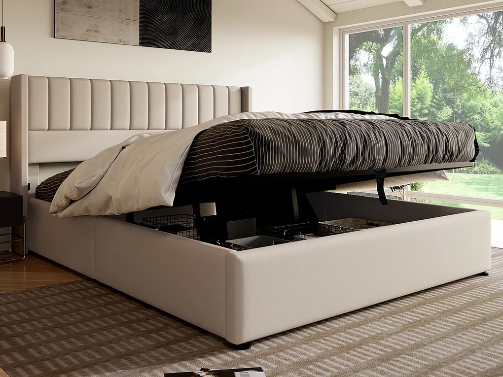 Łóżko ze schowkiem 180 x 200 cm - tkanina lniana - stelaż listwowy - beż