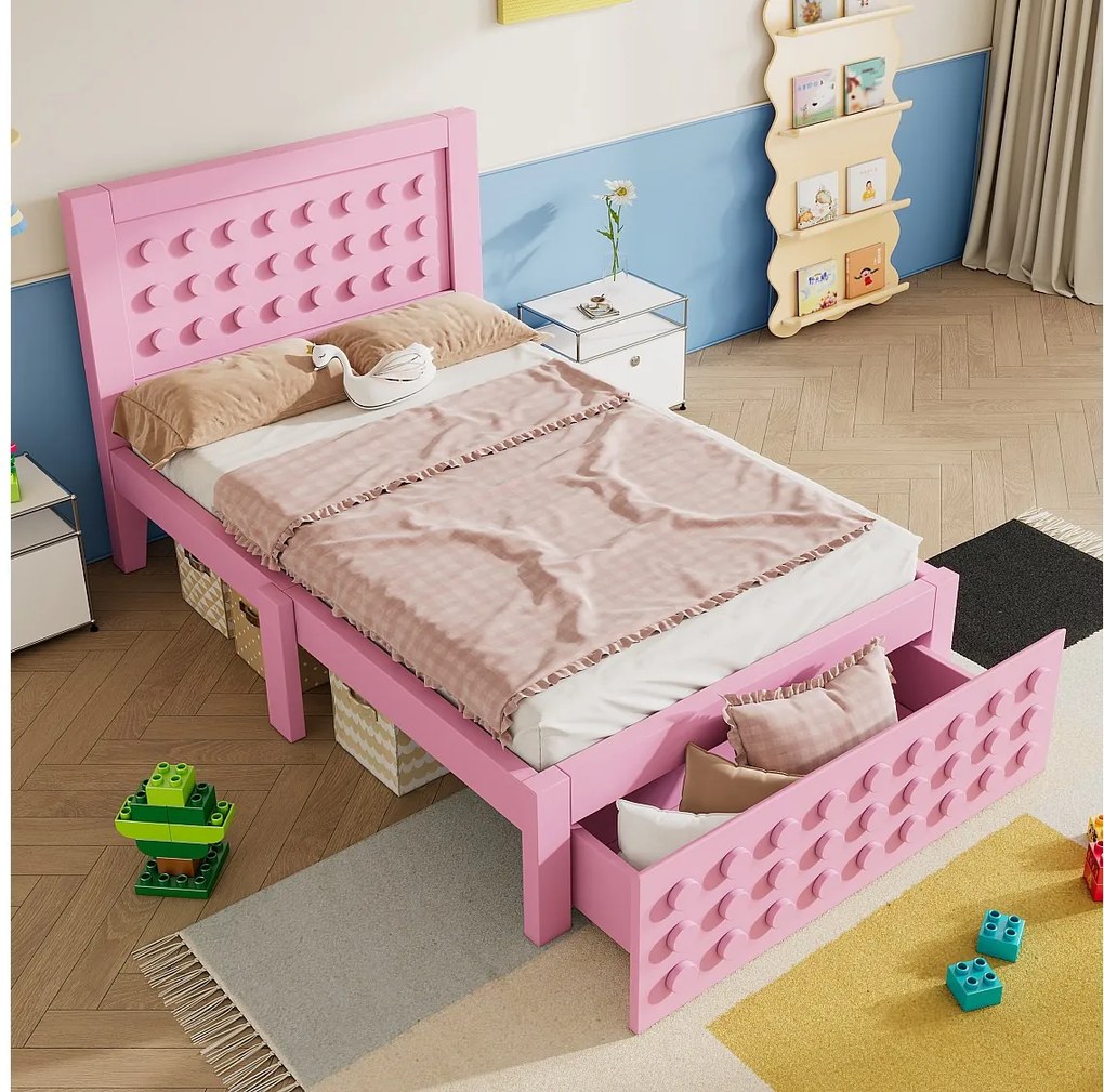 Łóżko dziecięce 90 x 190 cm – łóżko pojedyncze z szufladami i schowkiem pod łóżkiem – różowe drewno – bez materaca