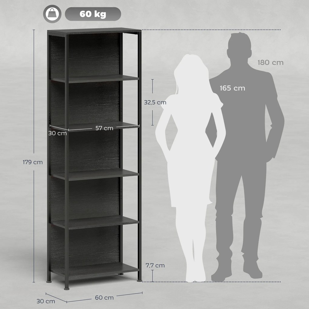 HOMCOM Regał z 5 półkami z LED, 7 kolorów światła, do salonu, 60 x 30 x 179 cm, czarny | Aosom PL