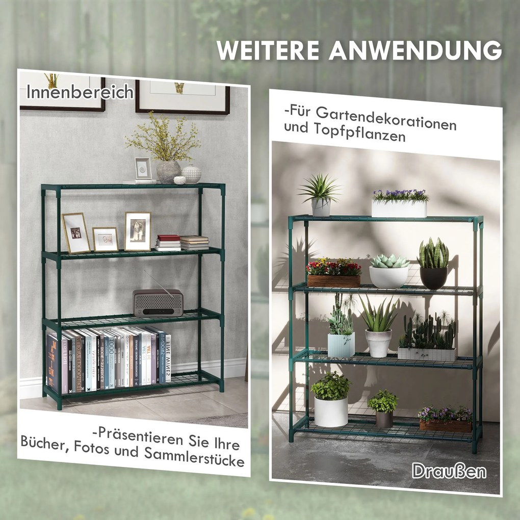 Outsunny Stojak na rośliny, stojak na kwiaty z 4 poziomami, stojak na rośliny do ogrodu, balkonu, stal, ciemnozielony, 89 x 28 x 107 cm
