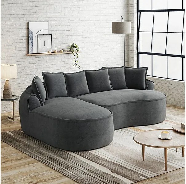 Canapé d'angle gauche modulable en tissu chenille, avec méridienne et coussins, 252x164x67cm, Gris