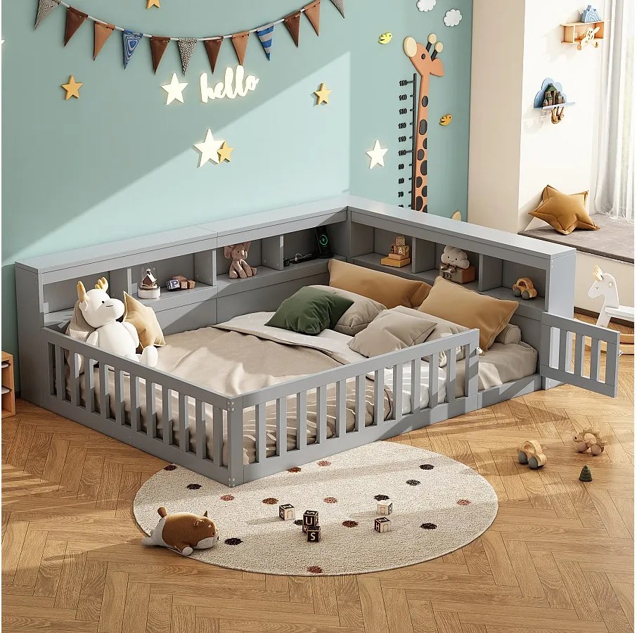 Łóżko dziecięce dwuosobowe - 140 x 190 cm - szafka nocna z miejscem do przechowywania + gniazdko + USB - z listwami - płyta wiórowa - szare