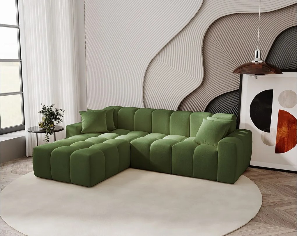 Emporius Napoli narożnik do salonu - gruba pianka, miękki narożnik w nowoczesnym stylu - lewostronny, tkanina aksamitna, zielony (Komodo 61)
