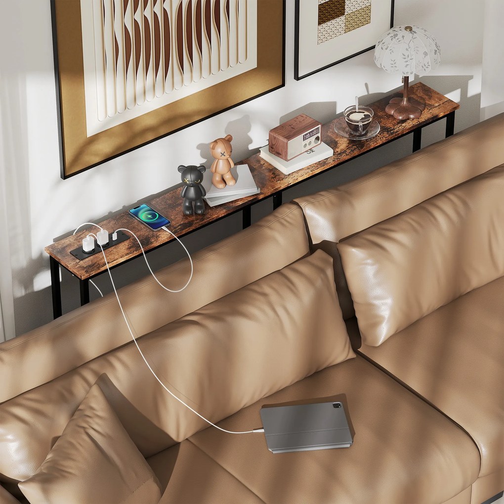 HOMCOM Smukły Stolik Konsola z Ładownicą, Styl Industrialny, Stelaż ze Stali, Brązowy