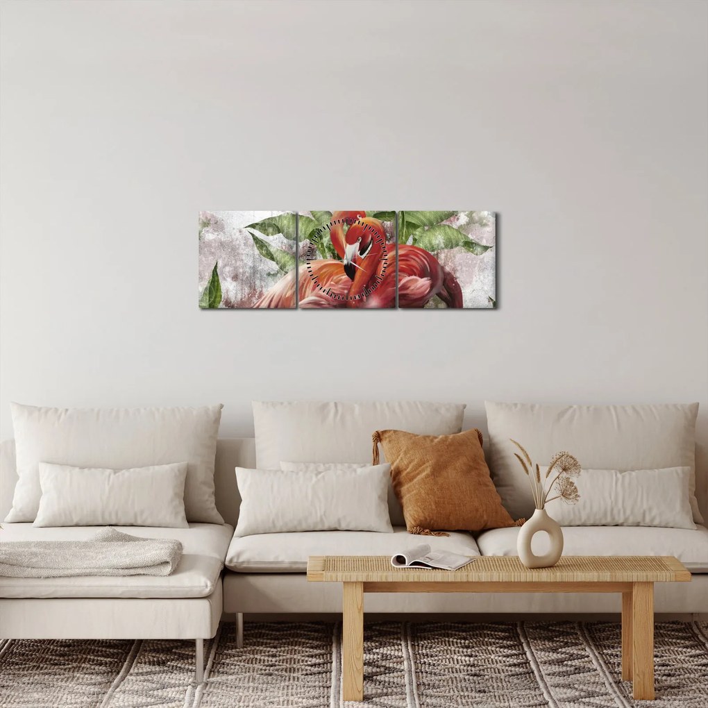 Obraz - Flamingi (z zegarem) (90x30 cm)