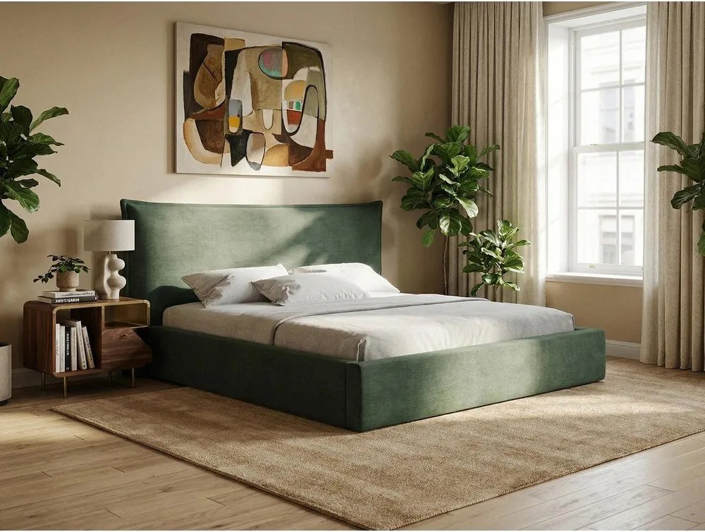 Zielone tapicerowane łóżko dwuosobowe ze schowkiem ze stelażem 180x200 cm Esala – Makamii