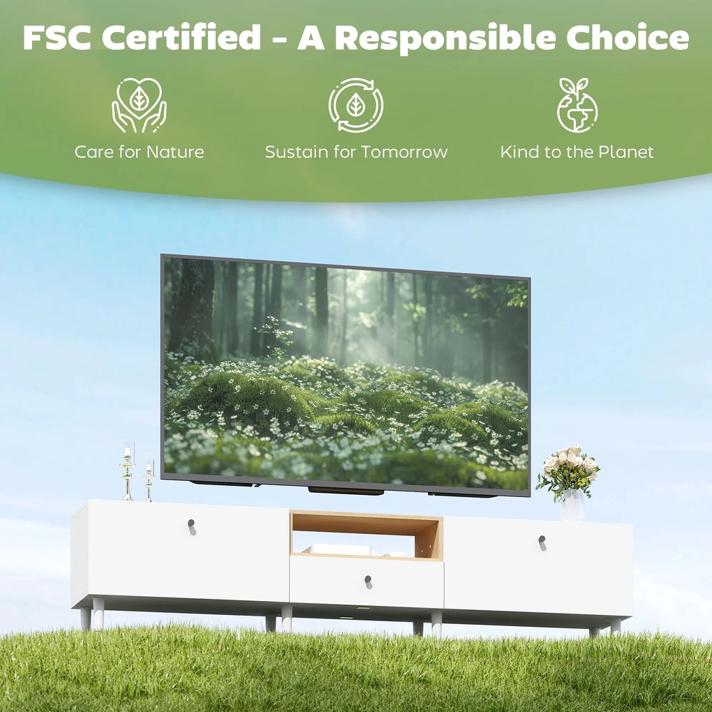 HOMCOM Komoda RTV 200 cm do telewizorów do 228,6 cm, 2 klapy, otwarta półka, szuflada, 8 nóg, płyta wiórowa, biały