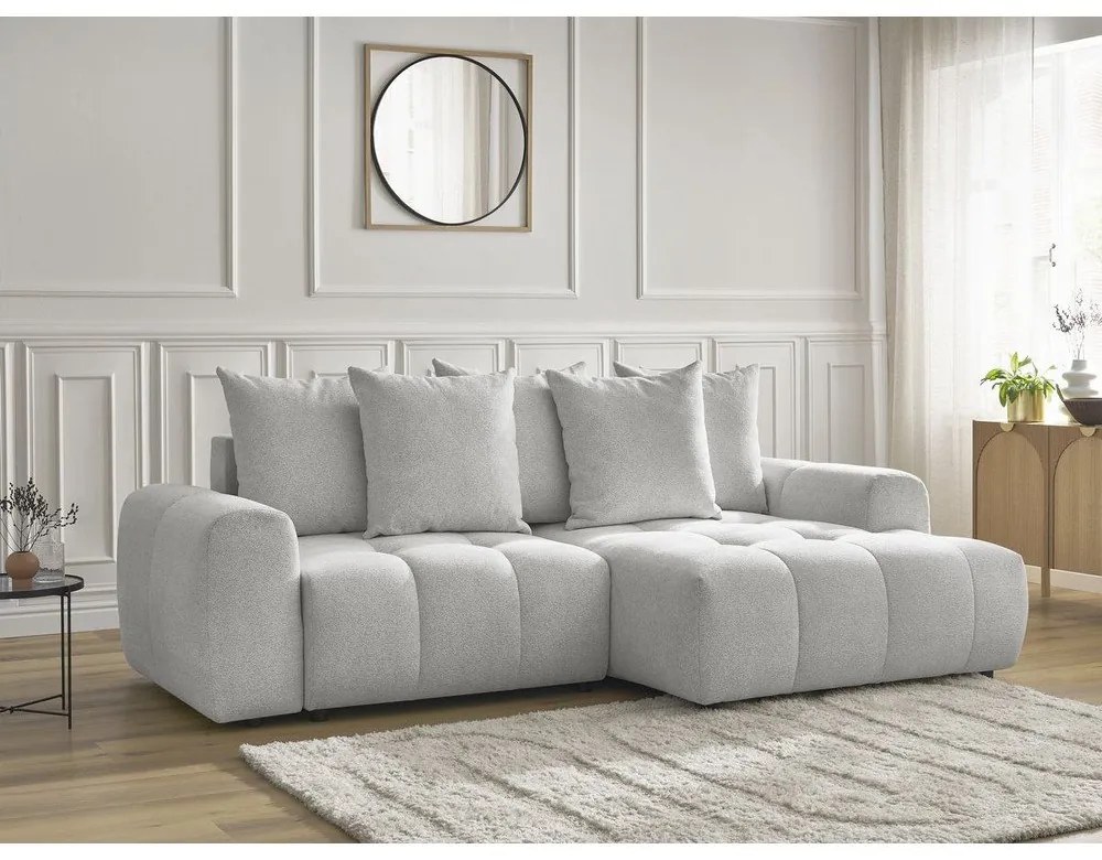 Jasnoszary rozkładany narożnik z tkaniny szenilowej ze schowkiem (prawostronny/z szezlongiem) Roxelane – Bobochic Paris