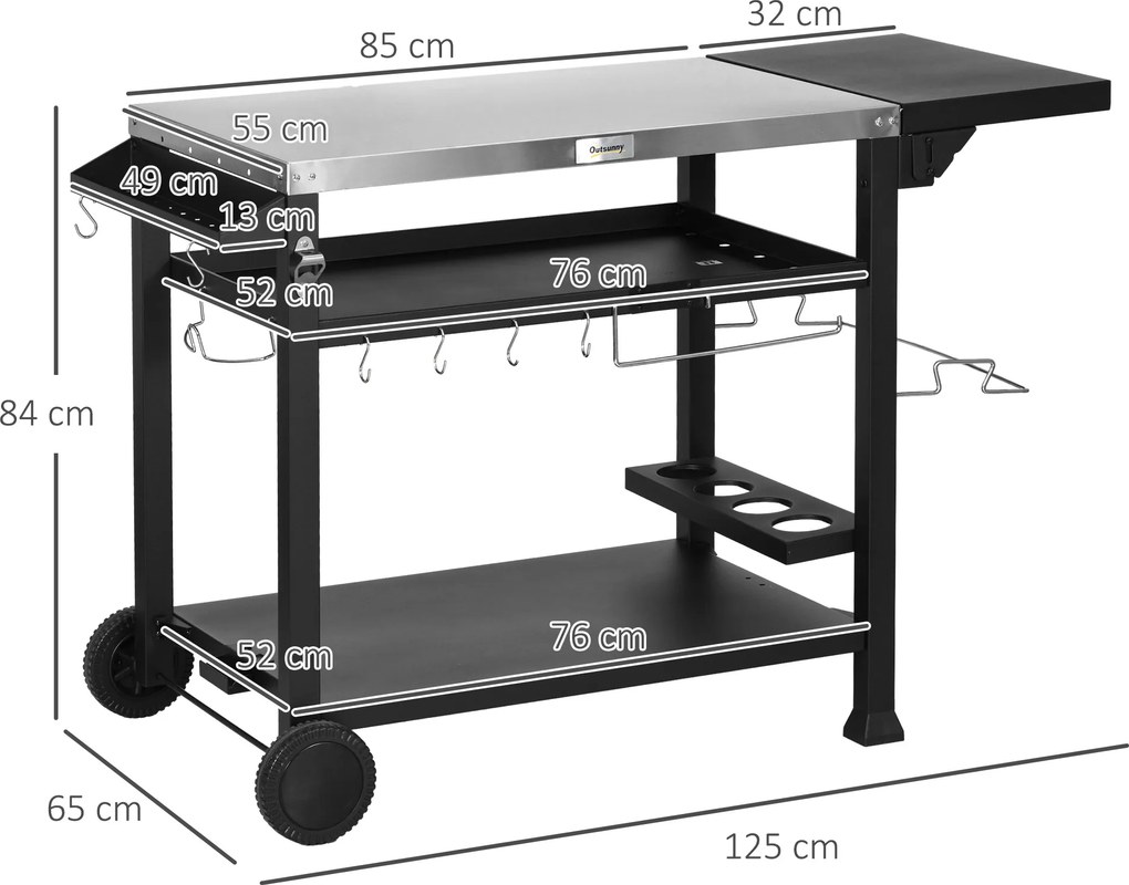 Outsunny Stacja Grillowa Wózek grillowy, w zestawie akcesoria, 125 x 65 x 84 cm, Czarny + Srebrny