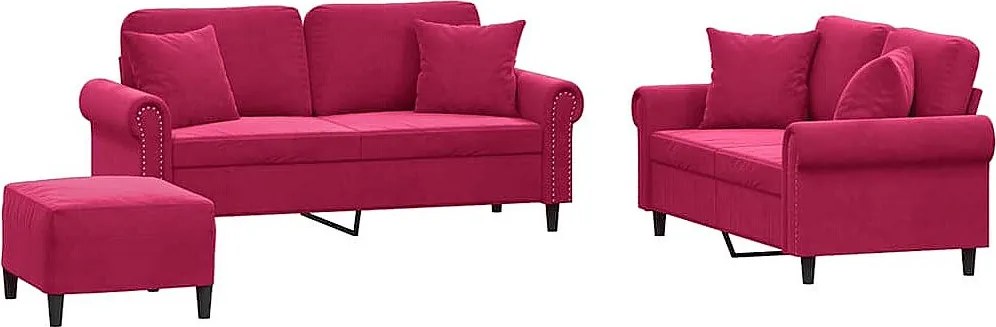 Zestaw 3-częściowy sofa z aksamitu bordowego z poduszkami i pufem, solidna konstrukcja z metalu i sklejki