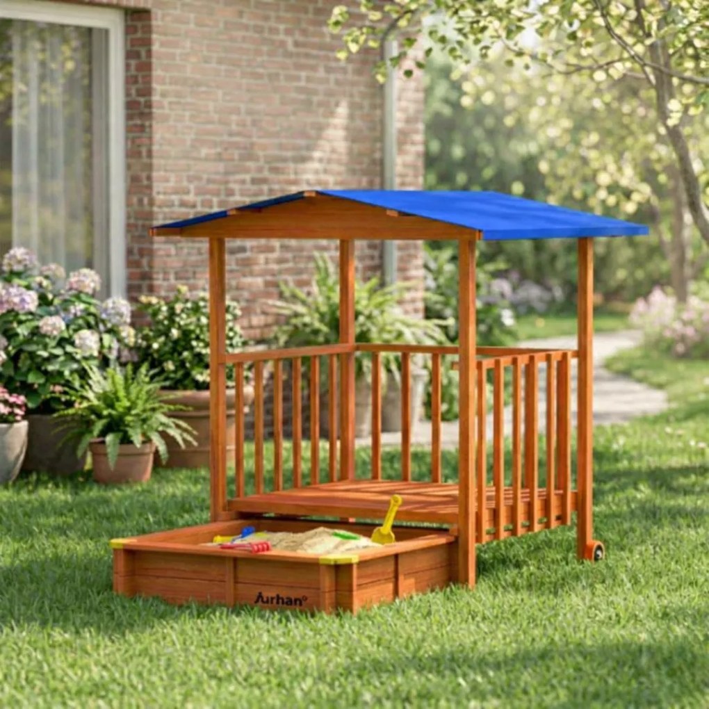 Piaskownica z werandą SUNNY, 130x130x143cm, brązowa/niebieska Jurhan