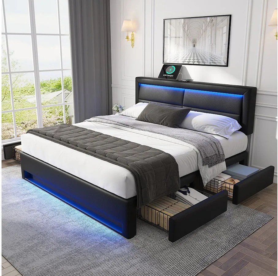 Łóżko dla dorosłych 140 x 190 cm - Łóżko podwójne z oświetleniem LED i czterema szufladami - Czarny PU - Bez materaca