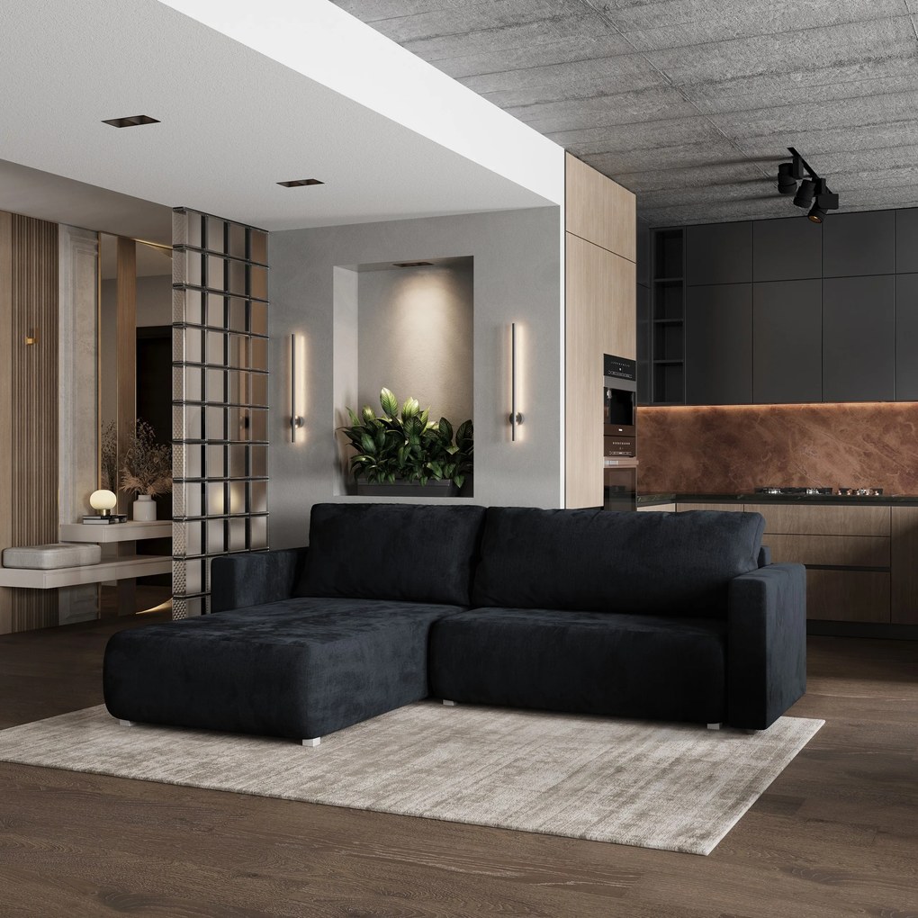 Masseno Narożnik TURIN z funkcją spania i pojemnikiem na pościel Narozniki L, Rozkładana sofa - Czarny, MONOLITH 95
