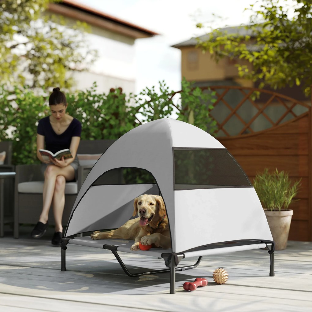 PawHut Zewnętrzne Legowisko dla Psa z Daszkiem, Podwyższone dla Dużych Psów, 91 x 76 x 90 cm, Jasnoszary