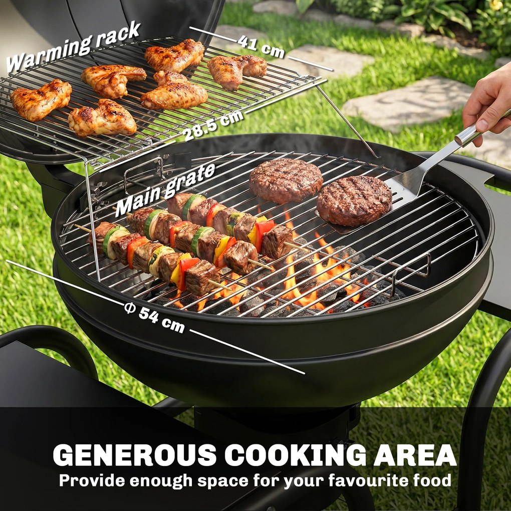 Outsunny Grill węglowy BBQ z bocznymi stolikami, termometrem w pokrywie, kółkami 129 x 63,5 x 106,5 cm | Aosom PL