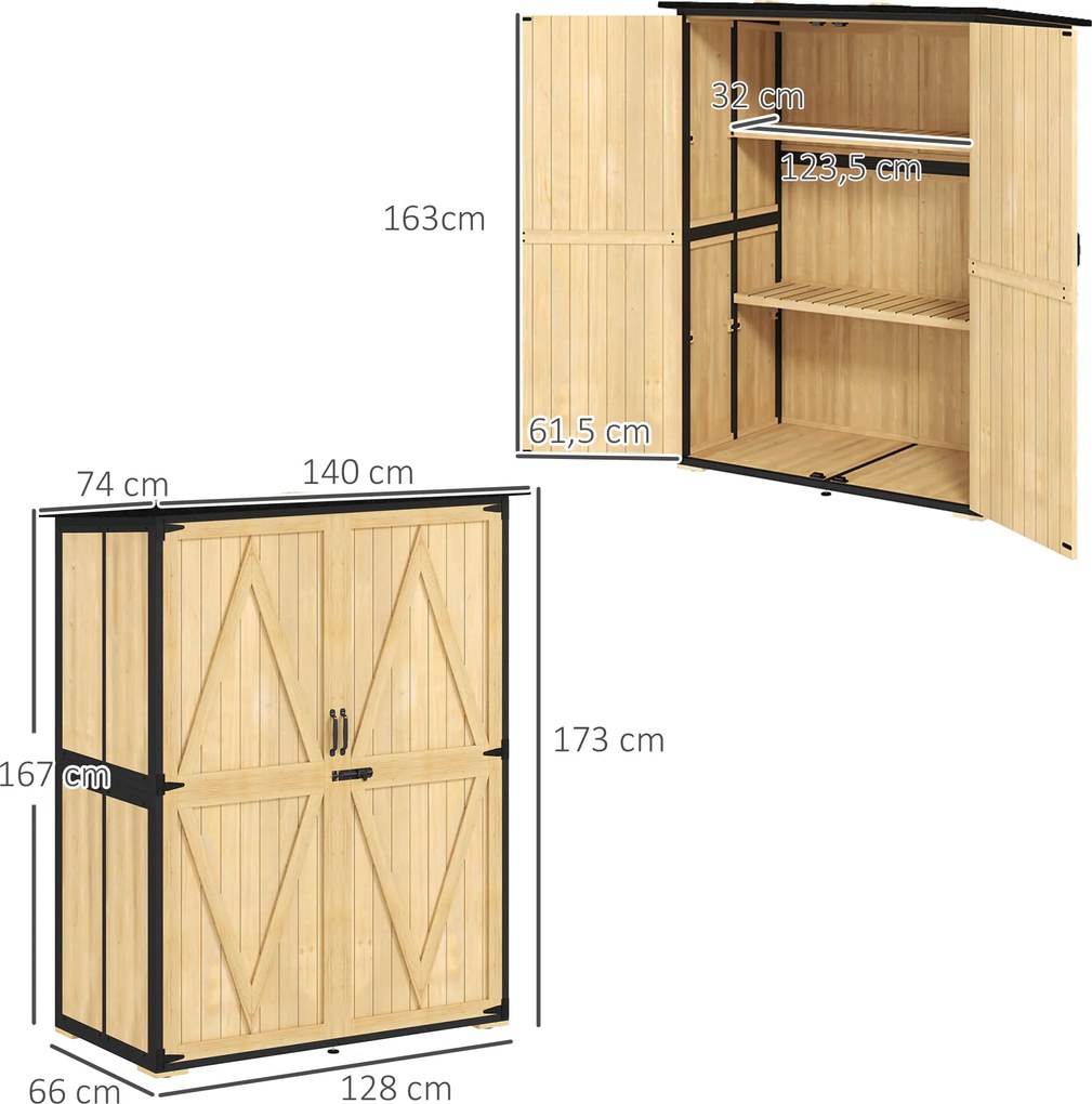 Outsunny Szafka Ogrodowa z Drewna i Stali, Zewnętrzna Szafka na Narzędzia z Dachem Asfaltowym, 2 Regały, Drzwi z Zamkiem, Naturalne Drewno