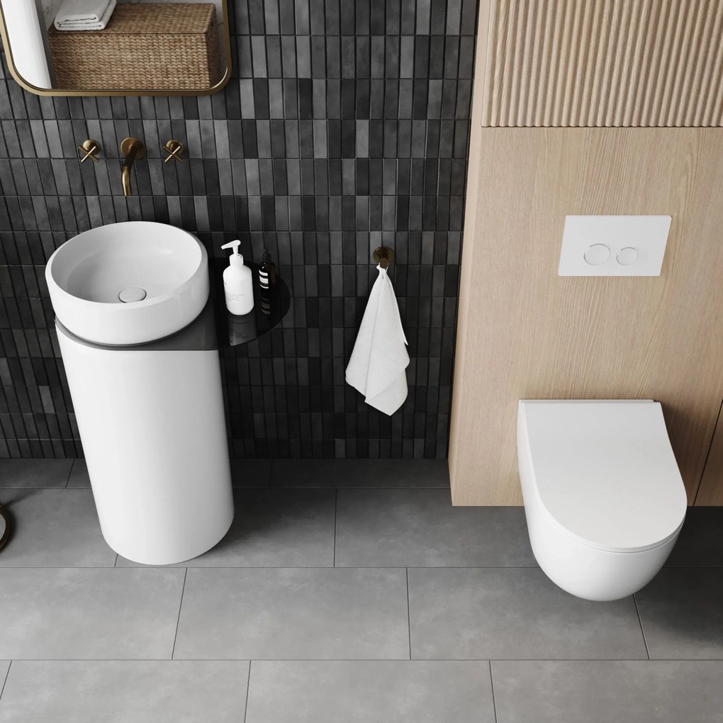 Zestaw łazienkowy z umywalką RONA z półką i korkiem, miską wc, stelażem i przyciskiem | Różne kolory : Kolor zestawu - Biały mat, Podłączenie syfonu - Do ściany