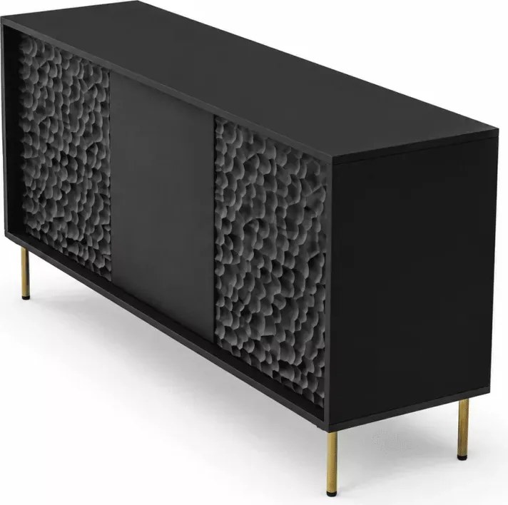 Elegancka komoda PULSET KM-1 w kolorze głębokiej czerni z luksusowymi złotymi nóżkami – nowoczesny mebel do salonu