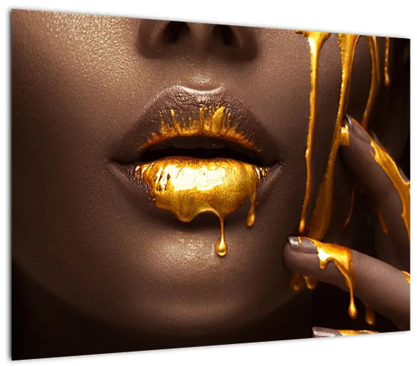 Obraz na szkle - Kobieta ze złotymi ustami (70x50 cm)