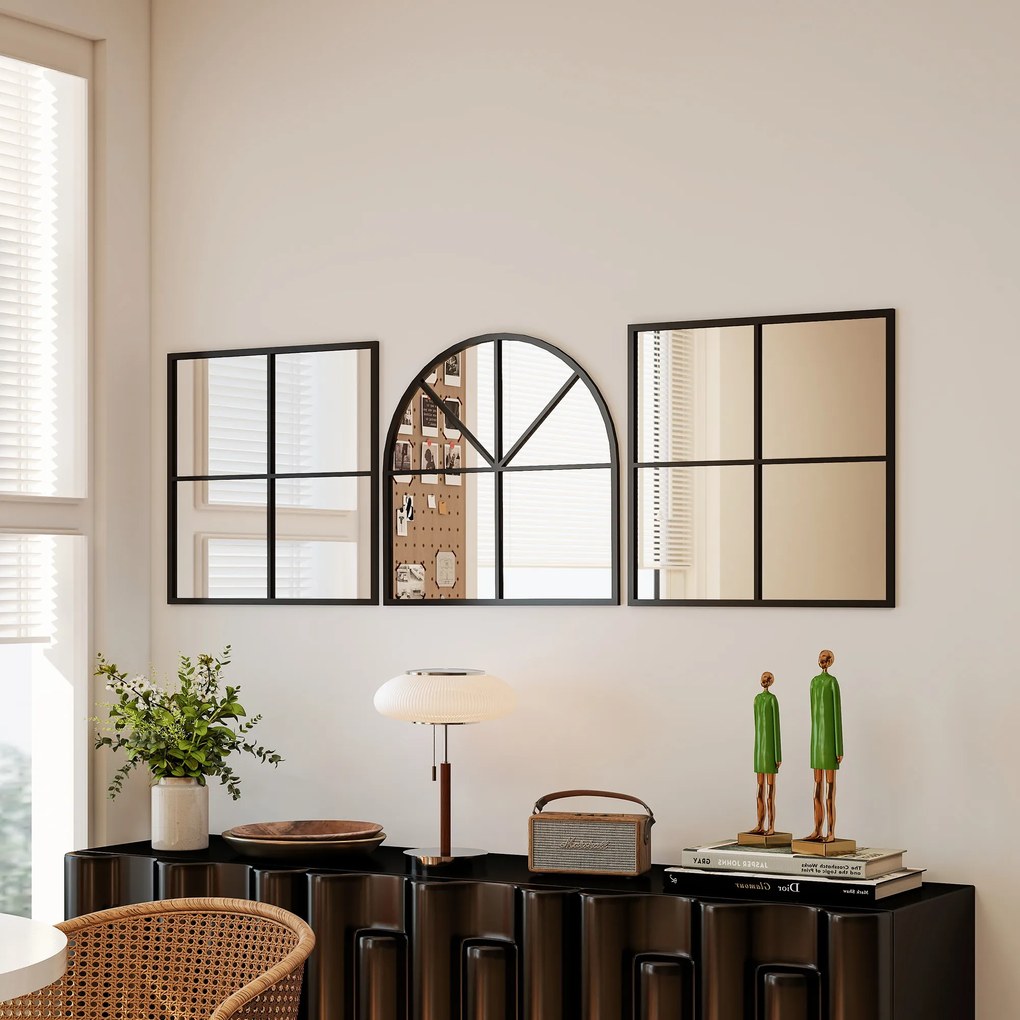 HOMCOM Trzyczęściowe lustra ścienne, łukowate z metalową ramą, dekoracyjne 60 x 2 x 180 cm Czarne