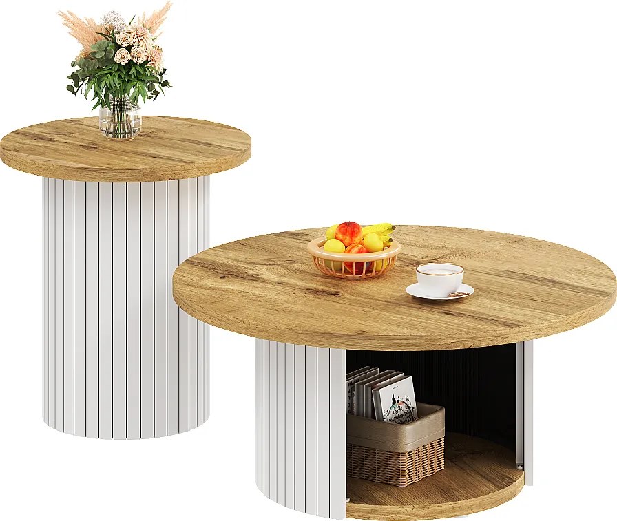 Zestaw 2 stolików kawowych z drewnianymi blatami - stolik do salonu ze schowkiem - MDF - naturalny